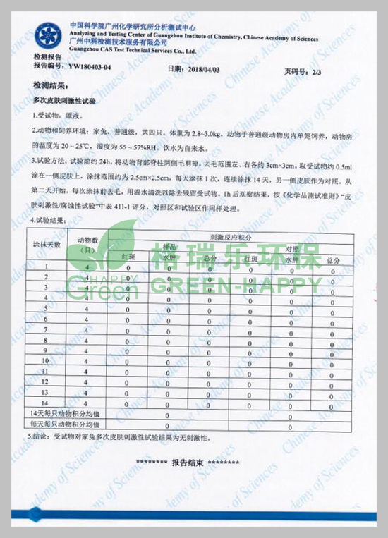 武漢除甲醛,w武漢甲醛治理,武漢甲醛檢測,湖北格瑞樂環(huán)保工程有限公司綠快光催化植物生物觸媒多次皮膚刺激性試驗檢測報告