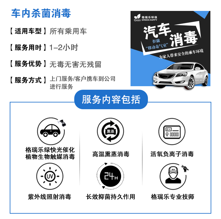 車內(nèi)殺菌消毒，適用車型，所有乘用車，服務(wù)用時，1-2小時，服務(wù)優(yōu)勢無毒無害無殘留，服務(wù)方式上門服務(wù)/到店服務(wù)，服務(wù)內(nèi)容包括，格瑞樂綠快光催化植物生物觸媒消毒，高溫熏蒸消毒，活氧負(fù)離子消毒，紫外線照射消毒，長效抑菌持久作用，格瑞樂專業(yè)技師。
