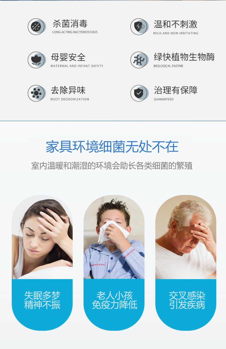殺菌消毒，溫和不刺激，母嬰安全，綠快植物生物酶，祛除異味，治理有保障，家具環(huán)境細(xì)菌無處不在，室內(nèi)溫暖和潮濕的環(huán)境會(huì)助長(zhǎng)各類細(xì)菌的繁殖，失眠多夢(mèng)，精神不振，老人小孩免疫力降低，交叉感染，引發(fā)疾病