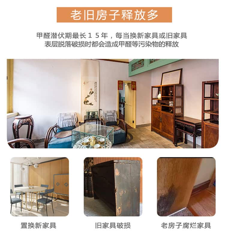 老舊房子釋放多，甲醛潛伏期長達(dá)15年，每當(dāng)換新家具或舊家具表皮脫落都會(huì)造成甲醛污染