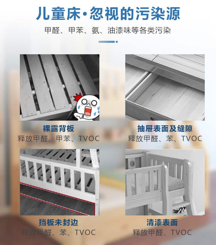 兒童床忽視的污染源，甲醛，甲苯，氨，油漆味污染，裸露背板，抽屜背面幾縫隙，擋板未封邊，清漆表面